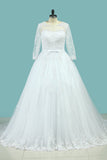 Bateau Wedding Dresses Long Sleeves A Line Court Train Tulle With Applique