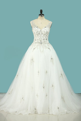 Wedding Dress V Neck Beaded Bodice A Line Tulle With Embroidery And Beads