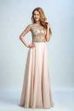 Prom Dresses A-Line Scoop Beaded Bodice Floor-Length Chiffon Zipper Back