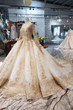 New Prom Dresses Long Sleeves Ball Gown Scoop With Applique&Beads Lace Up Back