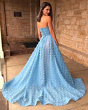 Sexy A line See Through Strapless Slit Backless Blue Prom Dresses with Appliques SJS15593