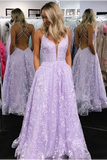 A-Line Floor Length Lace Prom Dresses Backless Formal Gown With SJSP99L84FB