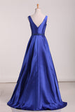 A Line Prom Dresses Straps Beaded Waistline Satin Floor Length