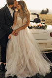 Spaghetti Straps Tulle Deep V-Neck Wedding Dresses, Romantic Bohemian Beach Bridal Dress SJS15421