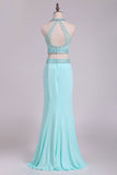 Two-Piece Halter Beaded Bodice Open Back Prom Dresses Spandex Sheath