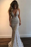 Gorgeous Deep V-Neck Spaghetti Straps Sleeveless Mermaid Long Prom Dresses JS768