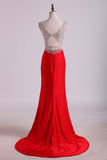 V Neck Beaded Bodice Open Back Prom Dresses Column Spandex Sweep Train