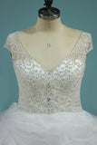 A Line V Neck Wedding Dresses Organza With Beading Chapel Train