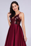 Deep V Neck Long Sleeveless Spaghetti Straps Burgundy Satin Evening Prom Dresses SJS15140