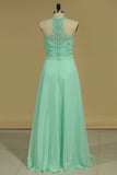 A Line Prom Dresses Spaghetti Straps Beaded Bodice Chiffon