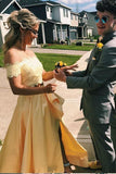 Elegant Two Pieces Yellow Off the Shoulder Prom Dresses Satin Appliques Party Dresses SJS15210