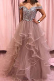 Elegant Rhinestones Layered Off the Shoulder Prom Dresses, Rose Pink Tulle Party Dresses SJS15196