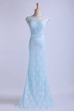 Bateau Prom Dresses Lace Sheath Floor Length With Sash