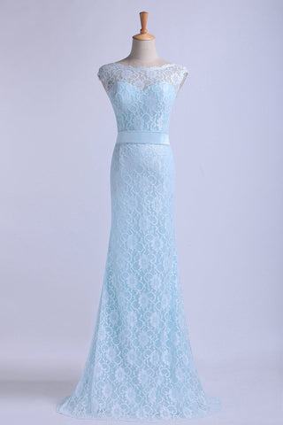 Bateau Prom Dresses Lace Sheath Floor Length With Sash