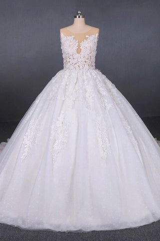 Princess Ball Gown Sheer Neck White Wedding Dresses Lace Appliqued Bridal Dresses SJS15293