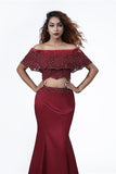 Elegant Mermaid Off the Shoulder Two Pieces Beades Burgundy Prom SJS20416