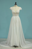 Beach Wedding Dresses A-Line V-Neck Chiffon Full Beaded Top