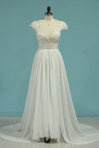 Beach Wedding Dresses A-Line V-Neck Chiffon Full Beaded Top