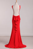 Open Back Evening Dresses Scoop Mermaid Red Sweep Train