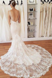 Elegant Spaghetti Straps Mermaid V Neck Lace Wedding Dresses Beach Bridal Dresses SJS15202