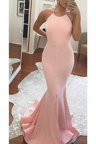 New Arrival Halter Open Back Satin With Slit Mermaid Evening Dresses