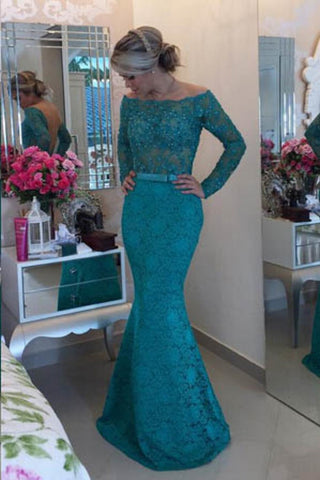 Long Sleeves Boat Neck Prom Dresses Mermaid Lace With Sash And Beads