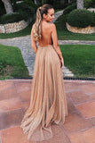 Flowy A Line Spaghetti Straps Champagne V Neck Prom Dresses with Sequins SJS15227