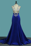 Satin Mermaid V Neck Beaded Bodice Prom Dresses Sweep Train