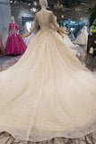 Lace Wedding Dresses Scoop 3/4 Sleeves Lace Up Back Royal Train