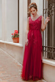 Elegant V Neck Burgundy Beads Appliques Lace Evening Dresses, Long Prom Dresses SJS15211