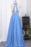 Halter Open Back Prom Dresses A Line Chiffon With Beads And Slit