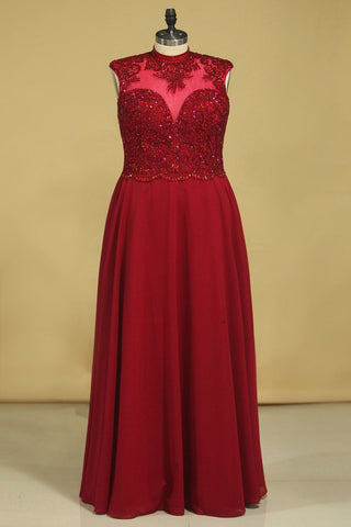 High Neck Prom Dresses Beaded Bodice Burgundy/Maroon A Line Chiffon Open Back