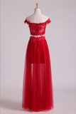 Hot Two Pieces Prom Dresses Tulle A Line With Applique Red