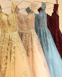 Charming Off the Shoulder Lace Appliques Gold Prom Dresses, Long Party Dresses SJS15115