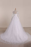 Long Sleeves Scoop Tulle With Applique A Line Court Train Wedding Dresses