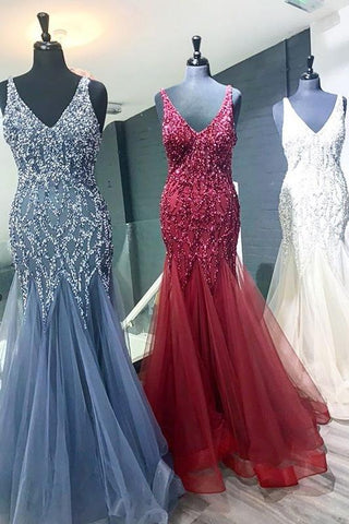 Elegant Mermaid V Neck Straps Tulle Long Prom Dresses Cheap Evening Dresses SJS14975