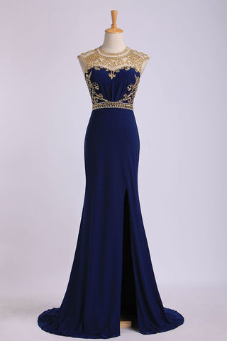 Scoop Neckline Column Beaded Bodice Prom Dresses With Court Train & Slit