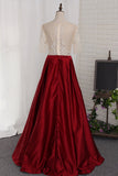 A Line Prom Dresses Scoop Beaded Bodice Short Sleeves Satin