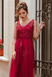 Elegant V Neck Burgundy Beads Appliques Lace Evening Dresses, Long Prom Dresses SJS15211