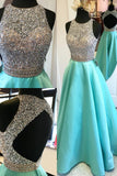 Open Back Scoop Prom Dresses Beaded Bodice Satin Floor-Length