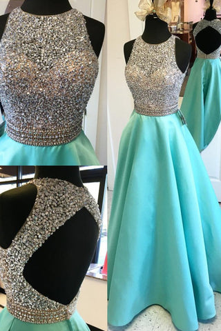 Open Back Scoop Prom Dresses Beaded Bodice Satin Floor-Length