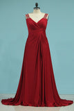 V Neck Prom Dresses A Line Spandex With Beads And Ruffles