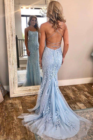 Charming Spaghetti Straps Mermaid Long Open Back Prom Dresses