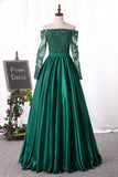 Off The Shoulder Long Sleeves Evening Dresses A-Line Stretchy Satin