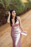 Sparkly Spaghetti Straps Rose Gold V Neck Prom Dresses with Sequins, Dance Dresses SJS15537