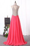 Sexy Scoop-Neck A Line Prom Dresses Chiffon With Beaded Bodice Zipper Up