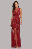 See Through Burgundy Mermaid Bateau Prom Dresses with Beading Tulle Party Dresses SJS15324