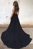 Simple Deep V Neck Black Backless Prom Dresses with Pockets, Long Formal Dresses SJS15390