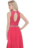 Open Back Scoop A Line Prom Dresses With Beading Chiffon