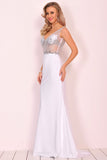 Spandex V Neck Beaded Bodice Mermaid Sweep Train Prom Dresses See-Through